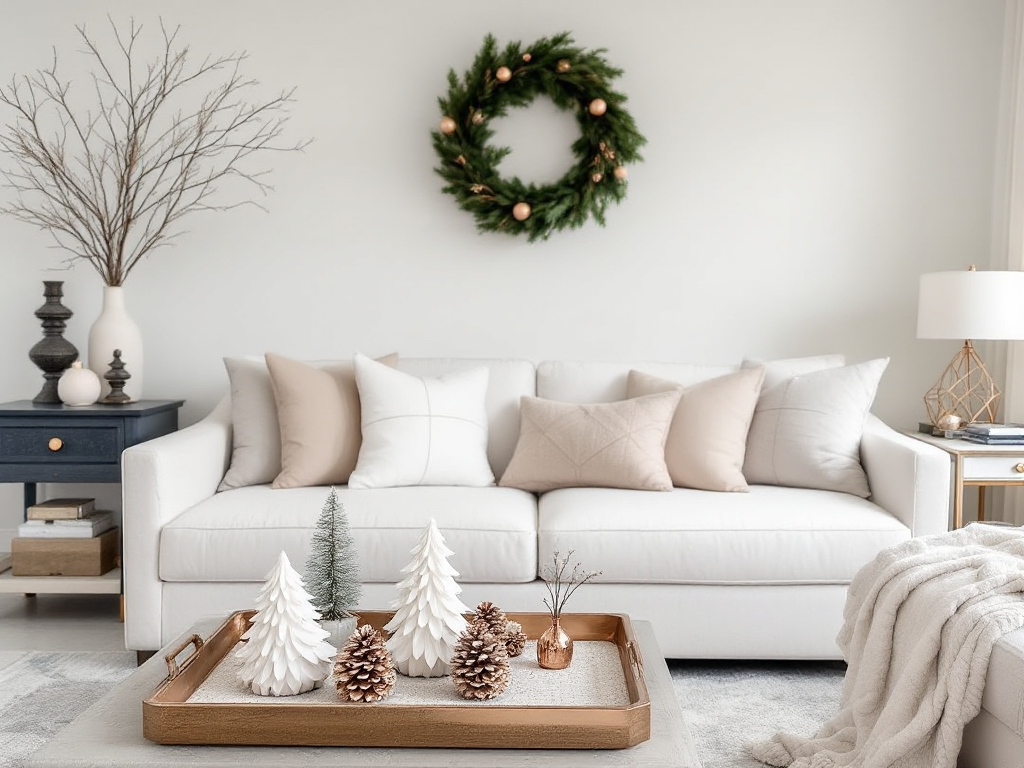 A sleek living room decorated in neutral tones like white, cream, and beige, accented with rose gold metallic highlights, minimalistic ceramic trees, pinecones on trays, bare branches in vases, and a geometric wreath