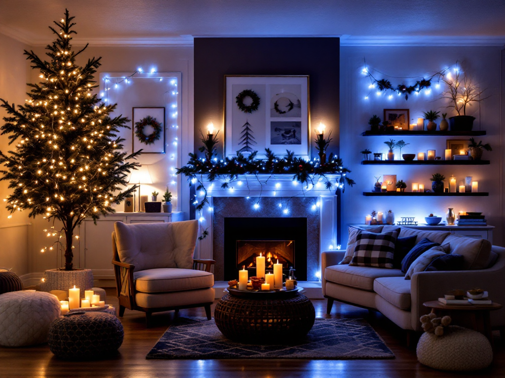A warm and inviting living room illuminated by layered lighting including twinkling string lights on the tree and mantel, flameless candles on shelves and tables, warm bulbs in lamps, and smart lighting that creates cozy holiday ambiance
