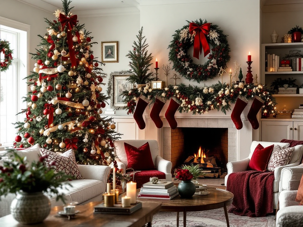 A cozy living room with traditional red and green decorations, a large Christmas tree adorned with vintage ornaments, popcorn and cranberry garlands, velvet throw pillows, and warm twinkle lights