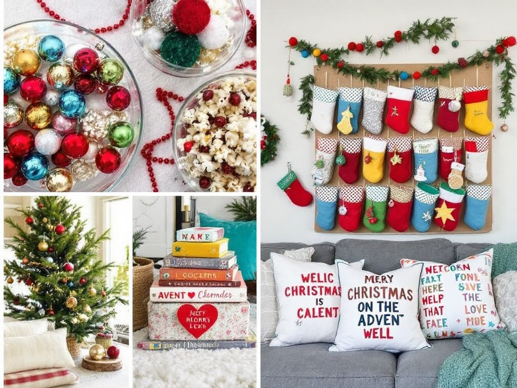 A vibrant living room scene featuring DIY ornament displays in glass bowls, popcorn and cranberry garlands, whimsical pillows with festive slogans, and an advent calendar wall with fabric pockets and mini stockings