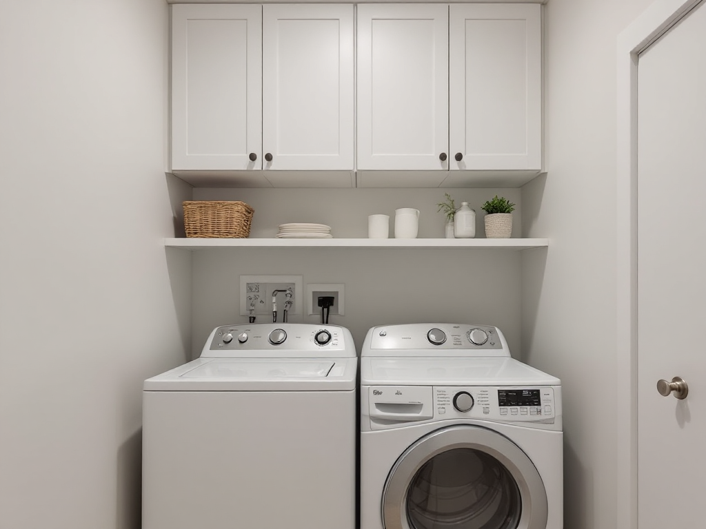 Tall floor-to-ceiling cabinets and open shelves above appliances in a compact laundry space
