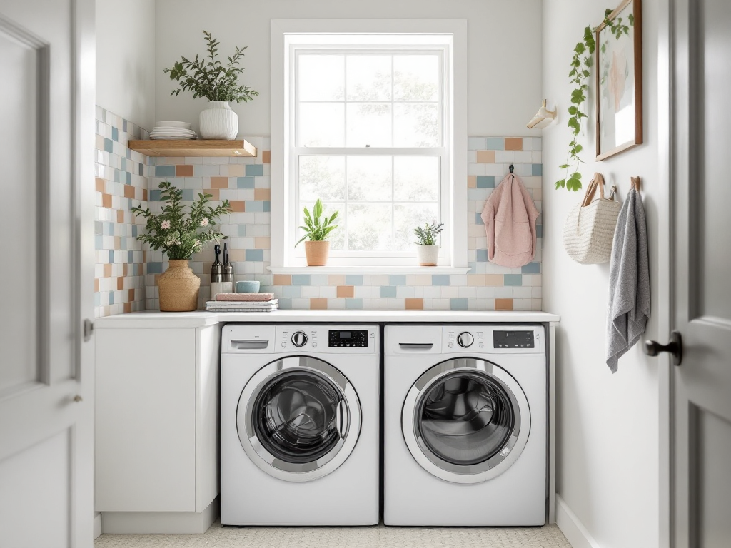 Colorful backsplash tiles and light-colored walls brightening a small laundry room