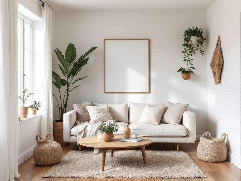 A warm minimalist small living room with neutral colors, layered soft textures like wool rugs and linen pillows, and intentional curated decor creating an airy and inviting space.