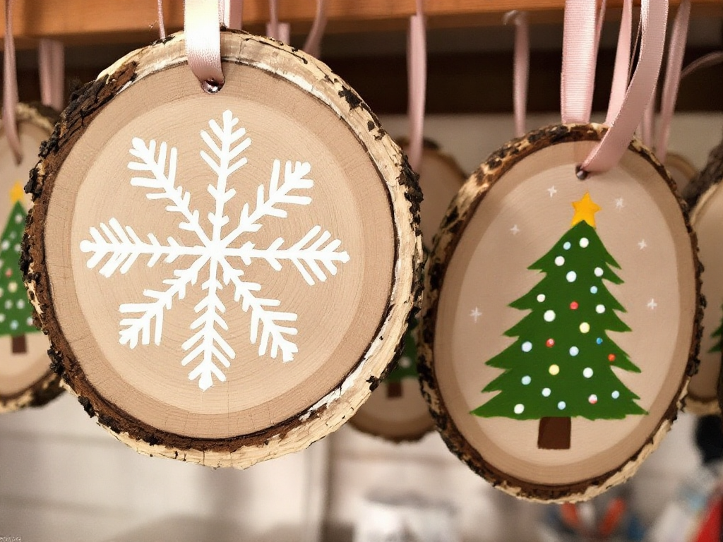 Rustic wooden slices decorated with hand-painted snowflakes and Christmas trees, displayed with hanging ribbons.