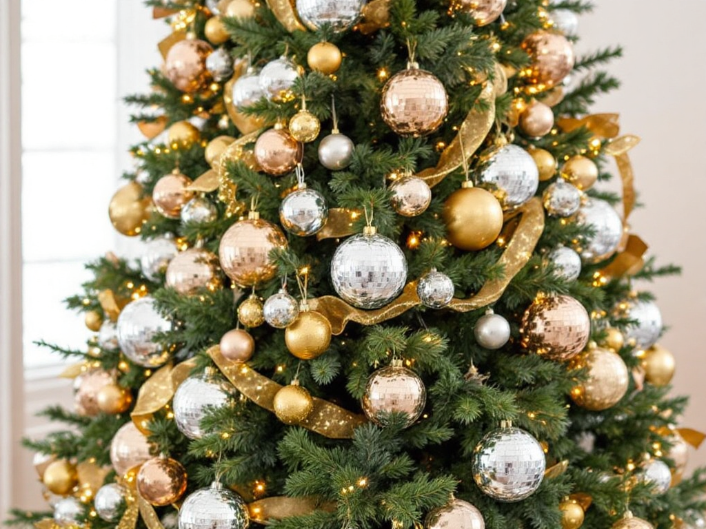 Christmas trees decorated with shiny mirror disco balls and metallic gold, silver, and copper ornaments creating a sparkling holiday atmosphere.
