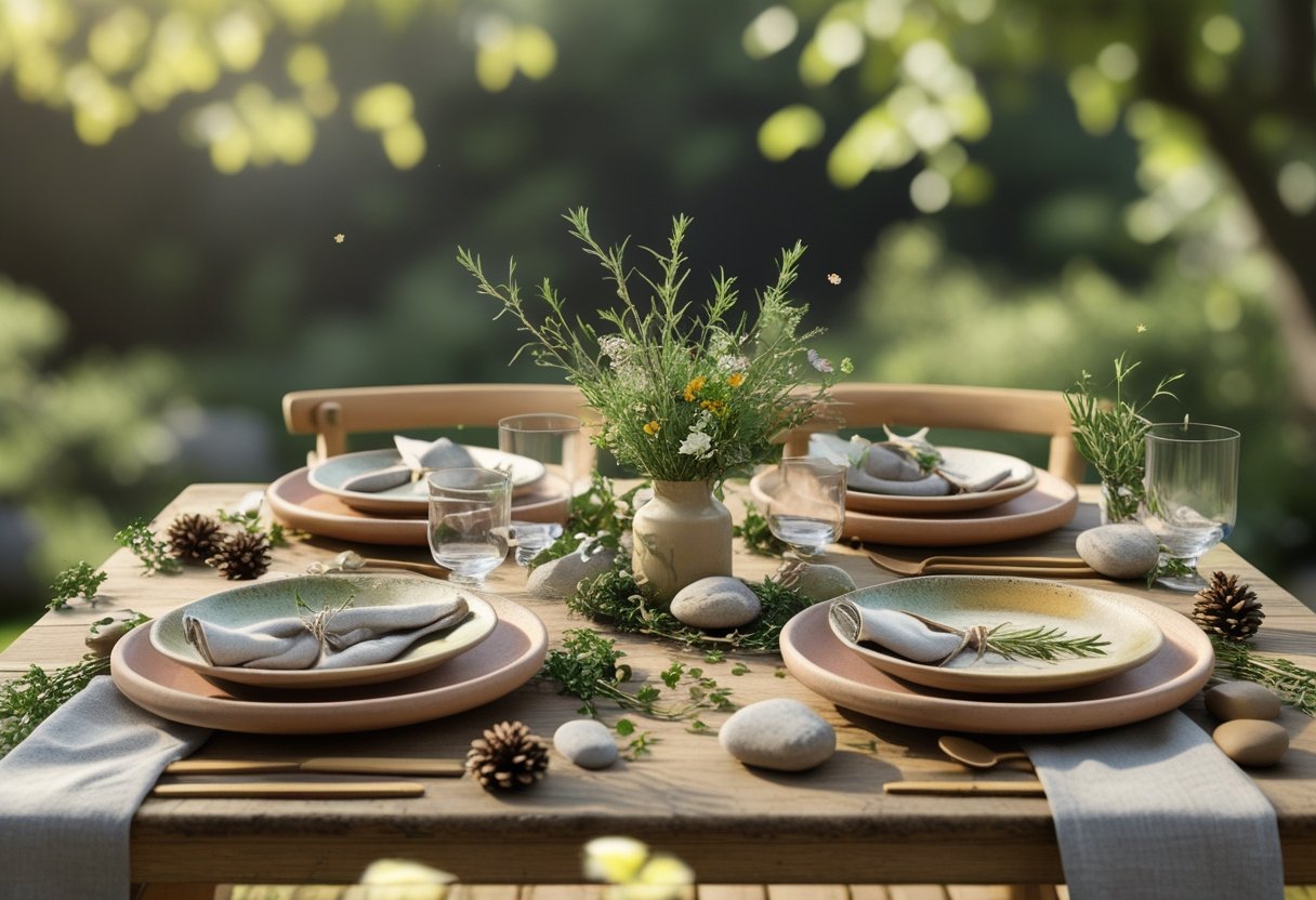 A wooden table set outdoors with ceramic plates, linen napkins, glassware, wooden cutlery, and a centerpiece of wildflowers and greenery.