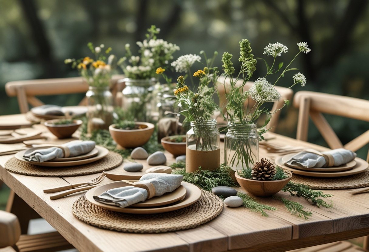 A rustic wooden table set outdoors with natural elements like wildflowers, woven placemats, ceramic plates, linen napkins, and wooden utensils arranged for a casual gathering.
