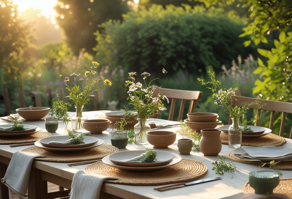 An outdoor dining table set with wooden plates, linen napkins, wildflowers, and greenery in a garden with sunlight filtering through trees.