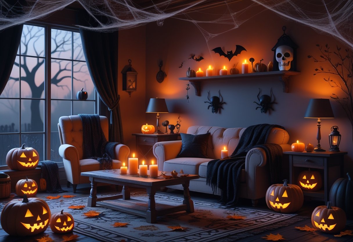 A cozy living room decorated with pumpkins, candles, cobwebs, and autumn leaves for spooky season.