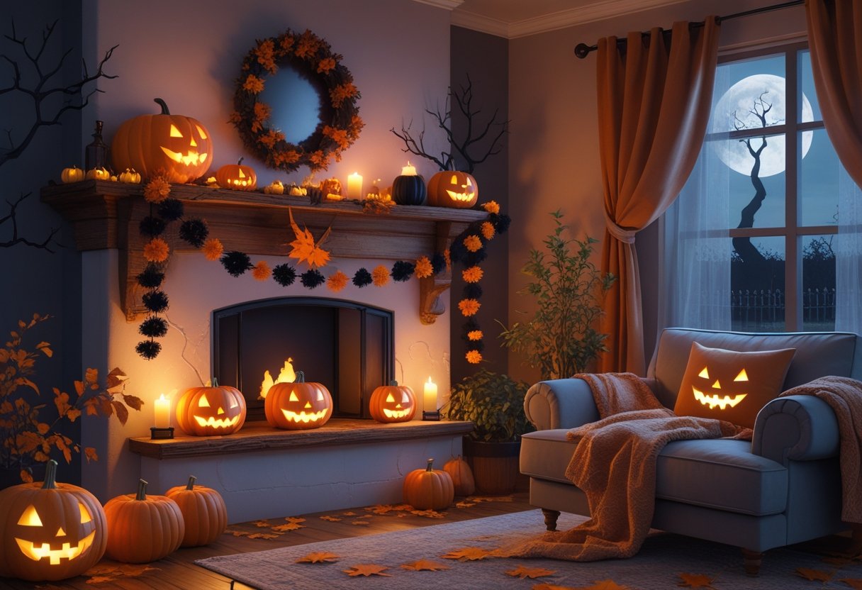A cozy living room decorated with glowing carved pumpkins, autumn leaves, candles, and cobwebs, with a full moon visible through the window.