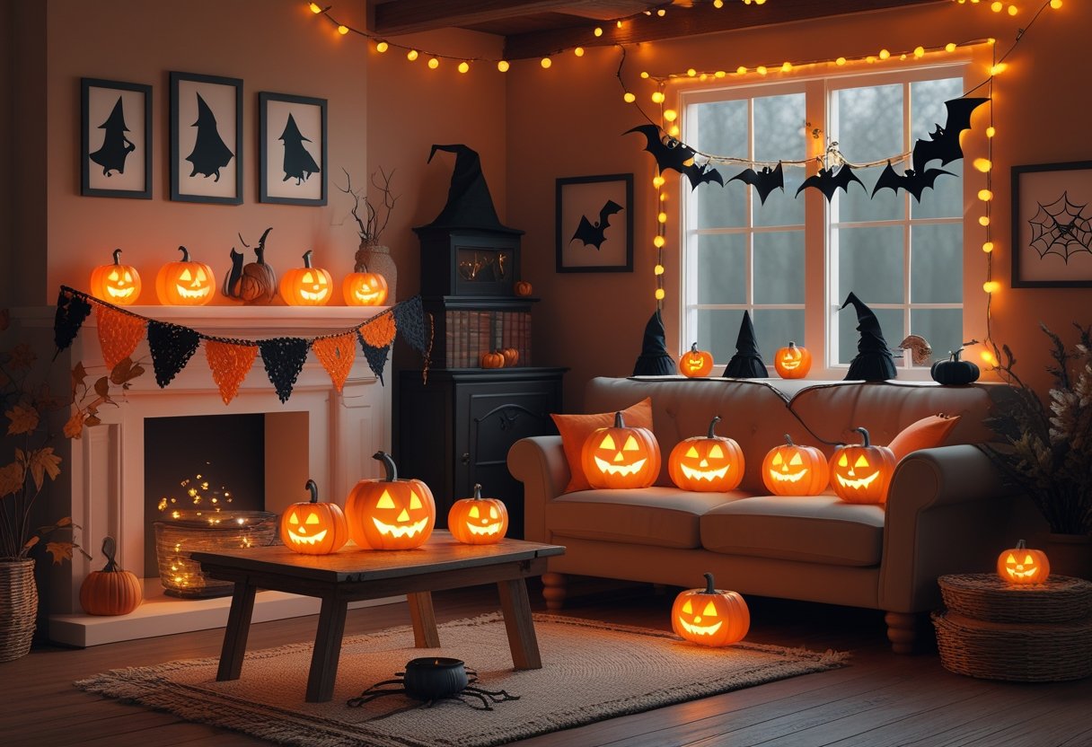 A cozy living room decorated with handmade Halloween decorations including pumpkin lanterns, ghost figurines, paper bats, a spiderweb on a window, fairy lights, and autumn-themed accents.