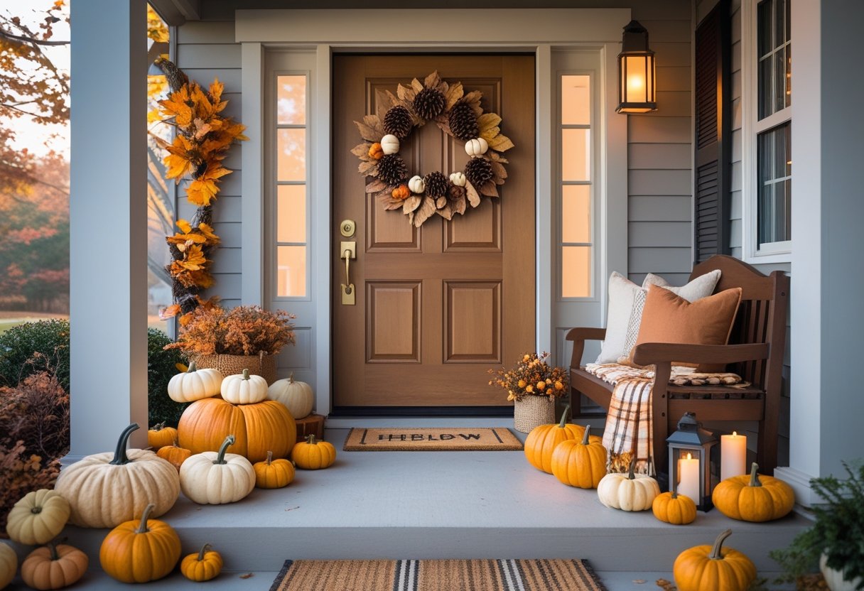 A home entryway decorated with pumpkins, a wreath, a bench with pillows, and a lantern, creating a warm fall atmosphere.
