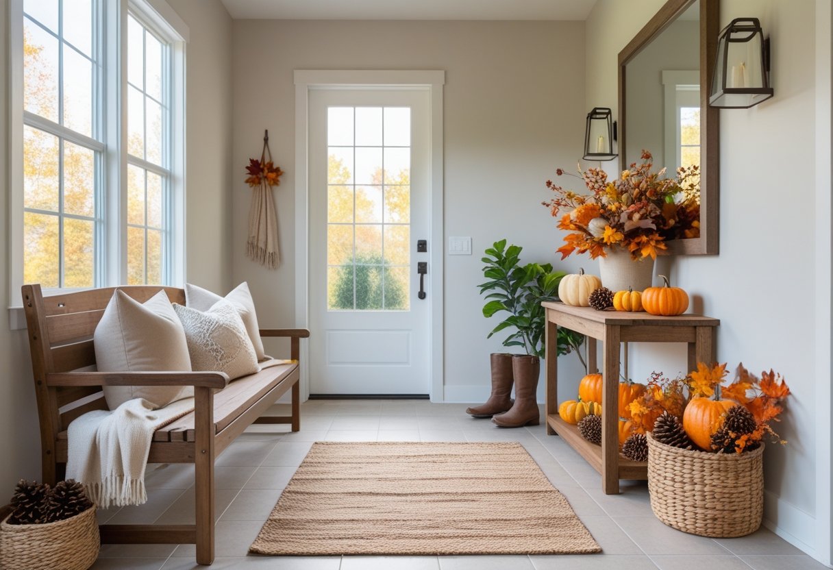 A fall-themed entryway with a wooden bench, cushions, pumpkins, autumn leaves, and a woven basket by the door.
