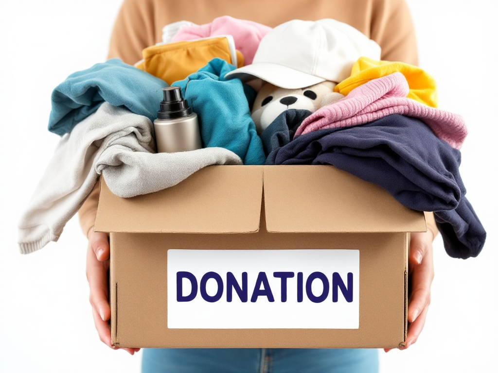 A person holding a donation box filled with clothes and household items, ready to give away unwanted stuff.