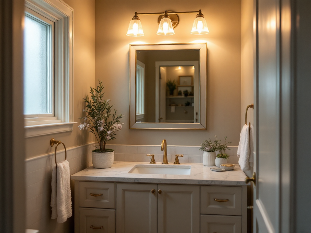 A well-lit small bathroom showcasing layered lighting including overhead lights and vanity sconces with frosted glass window