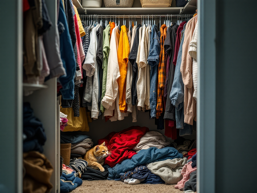 Small cluttered closet showing clothes overflowing and cat hiding in corner