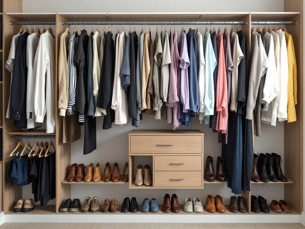 An organized closet with clothes sorted by color, shoes neatly lined up, and ample floor space visible