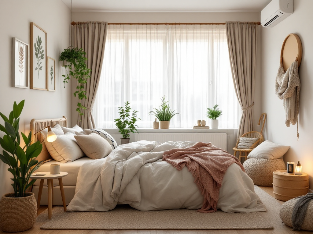A calm and cozy bedroom with minimal clutter, soft lighting, and a peaceful atmosphere
