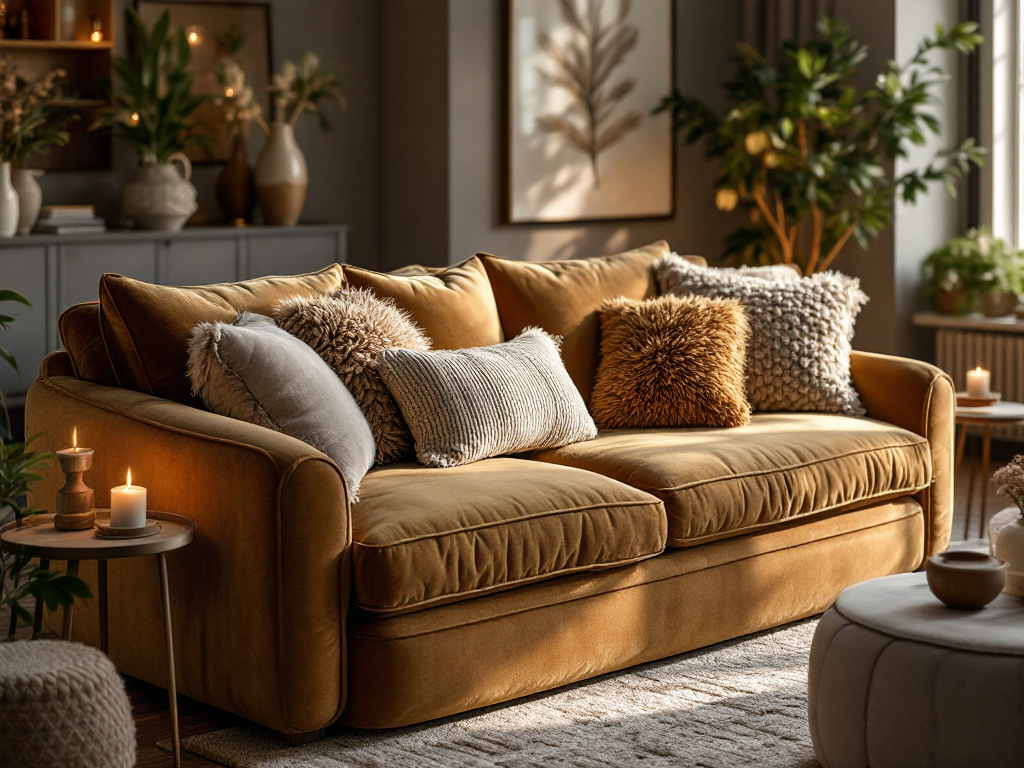 A cozy living room scene featuring a plush, oversized velvet sofa with multiple textured pillows, set in a warmly lit space with rounded furniture and nature-inspired colors.