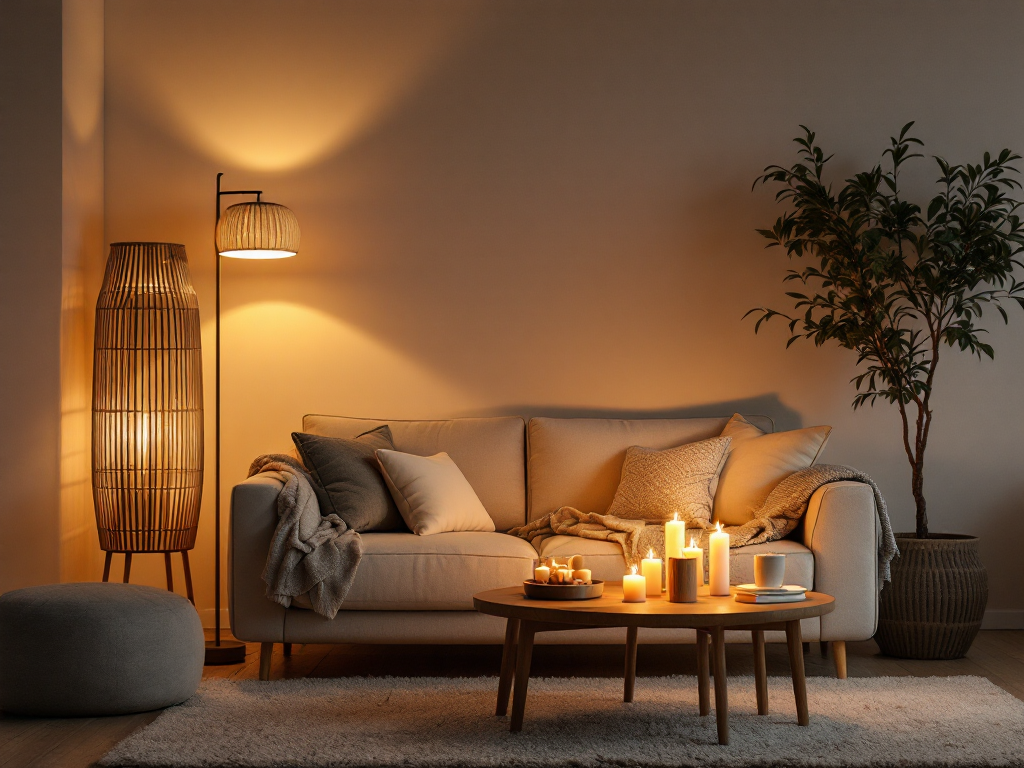 A softly lit arrangement of layered lighting including floor lamps, table lamps, and candles casting warm, ambient light in a relaxing living room setting.