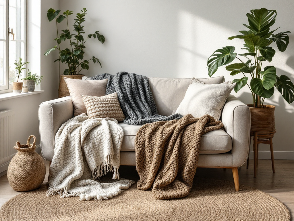 A living room corner showcasing a mix of tactile textures like chunky knit throws, woven jute rugs, and leafy green plants adding organic texture and warmth.