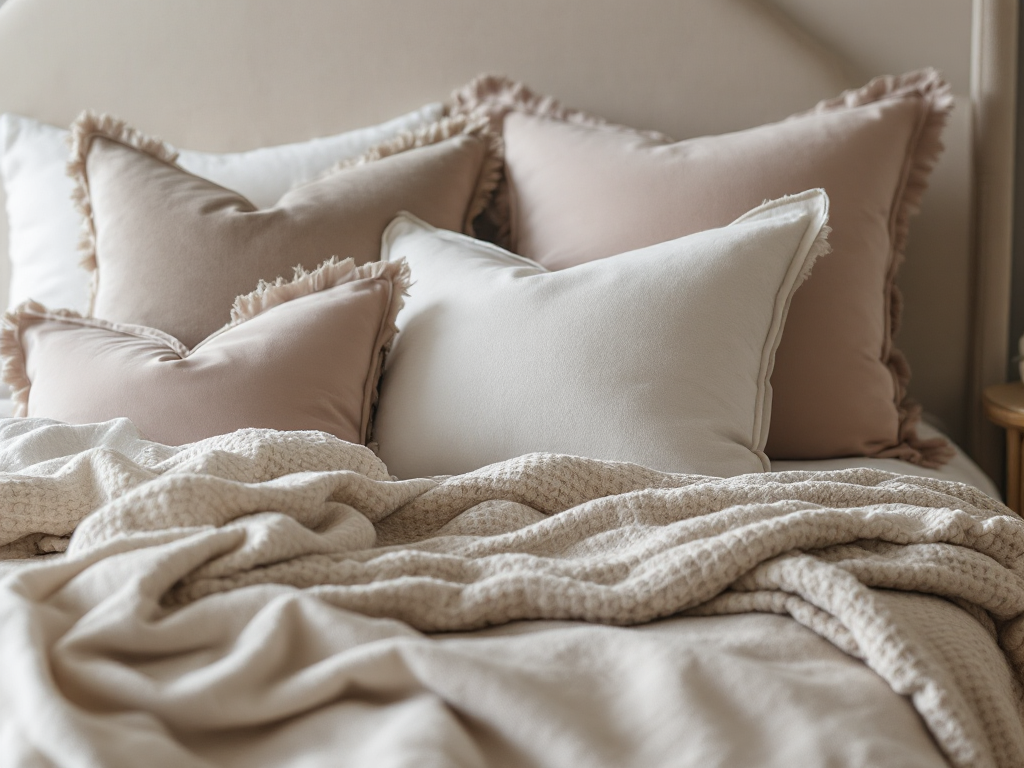 A cozy bedroom scene featuring a plush bed with velvet and linen pillows and throws, showcasing rich layered textures.