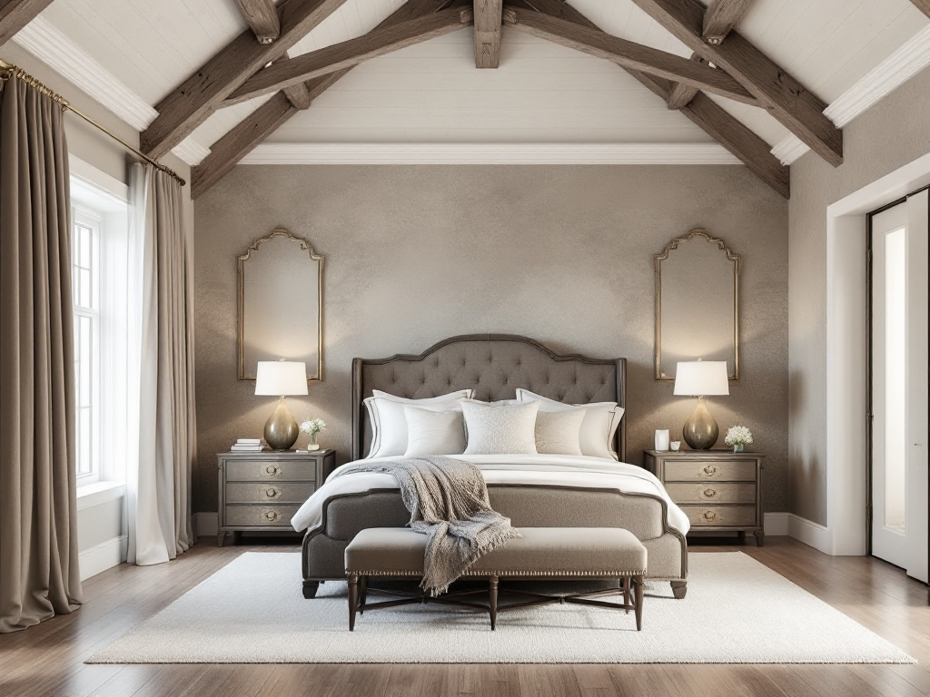 Elegant master bedroom interior highlighting textured walls like Venetian plaster or grasscloth wallpaper, with crown molding and exposed wooden beams.