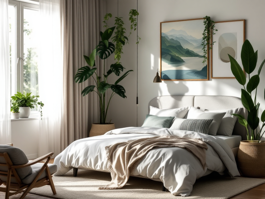Serene bedroom nook with circadian lighting, easy-care green plants like snake plants, and a meditation or reading corner creating a peaceful atmosphere.