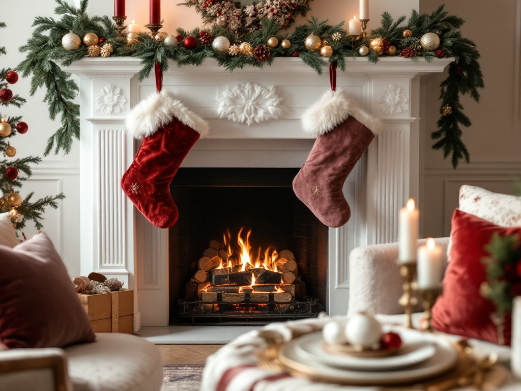 A cozy holiday living room scene featuring plush faux fur stockings hung on a mantle, velvet pillows in jewel tones on a sofa, and a table set with fine linens and metallic-thread embroidery.