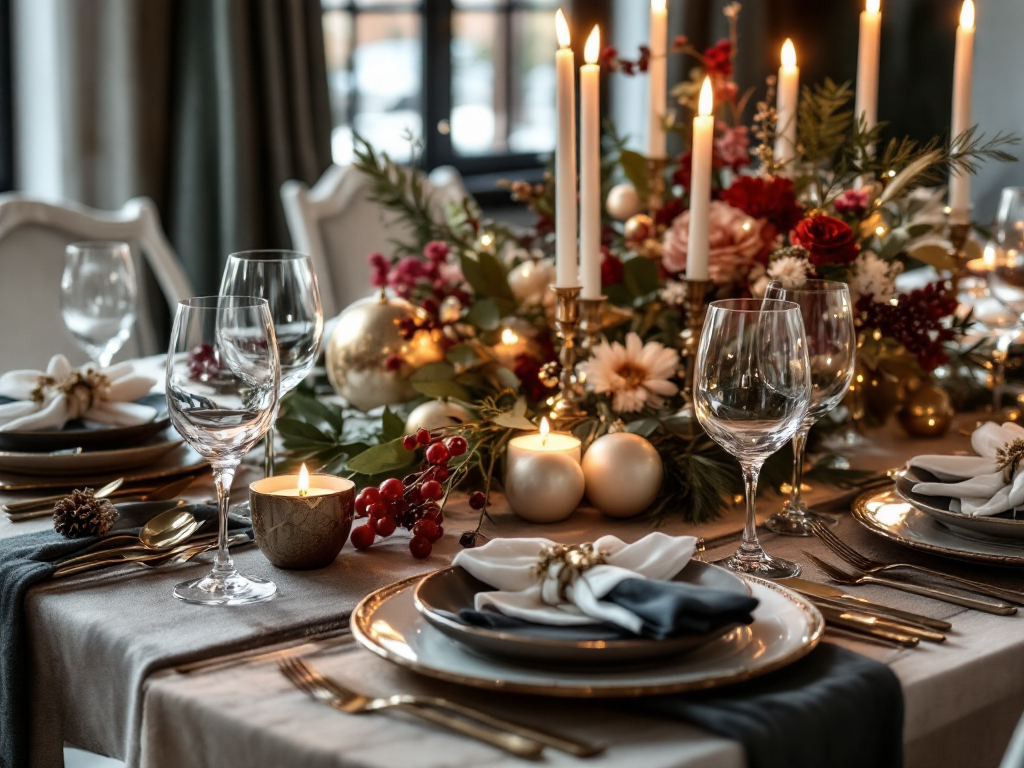 A luxurious holiday dining tablescape showcasing crystal glassware, mixed-metal flatware, ornamental centerpieces, soft candlelight, and fresh seasonal florals arranged thoughtfully on a refined table.
