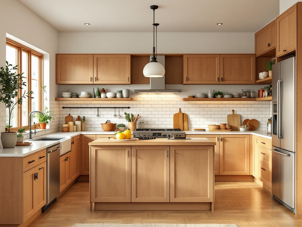 A warm and inviting kitchen space featuring natural wood cabinets, retro lighting, and earthy color tones, showcasing mid-century modern style with open shelving and a multipurpose island.