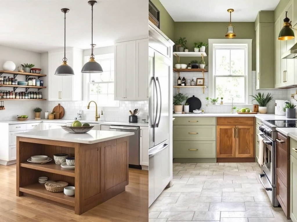 Two distinct kitchen inspirations: one with an L-shaped open kitchen featuring a spacious island and vertical spice racks, and the other a cozy mid-century modern kitchen with olive green walls, brass hardware, and large format tiles.
