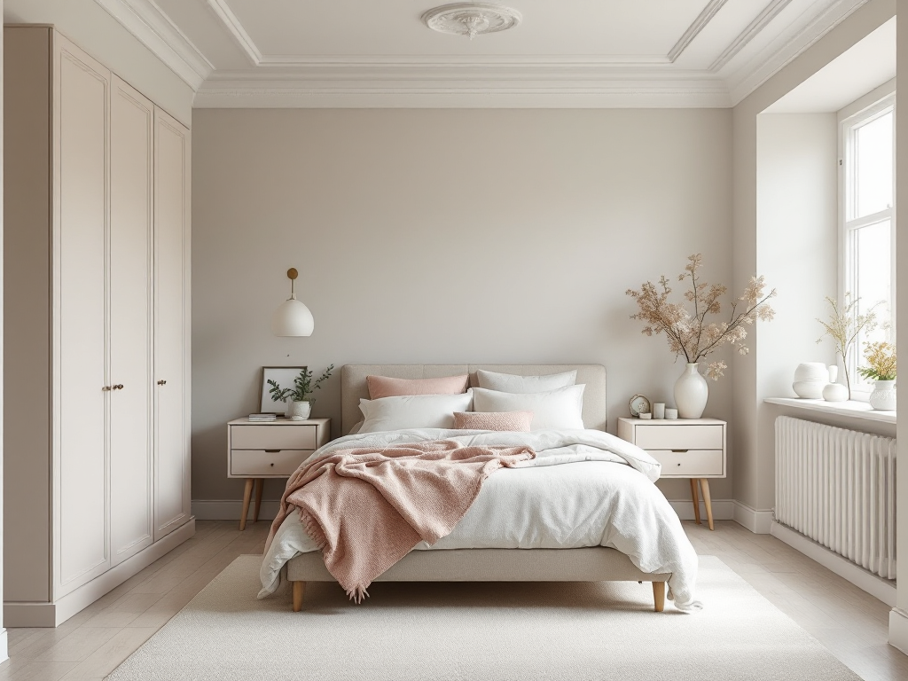 A small bedroom with a carefully chosen color palette featuring light neutrals and soft pastels, showcasing bright, airy walls and ceiling that visually enlarge the space