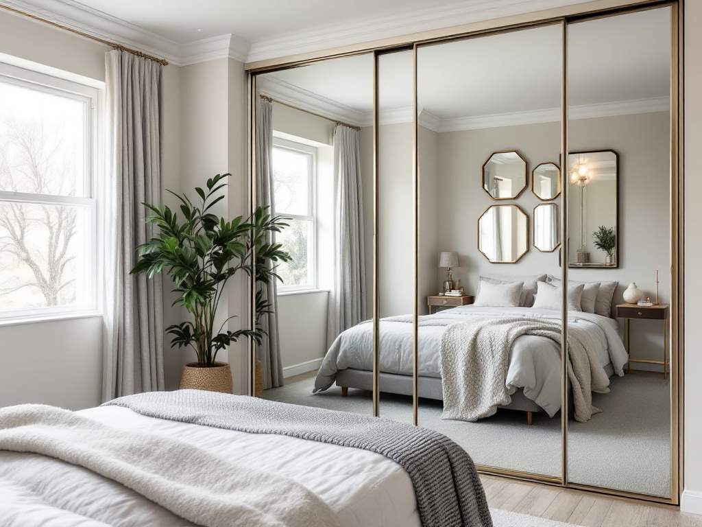A small bedroom featuring a large mirror opposite a window reflecting natural light to create the illusion of more space, with mirrored closet doors and grouped decorative mirrors adding depth