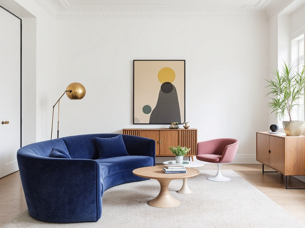 Curved velvet sofas, tulip tables, fluted wood sideboards, and geometric lighting fixtures in a stylish interior