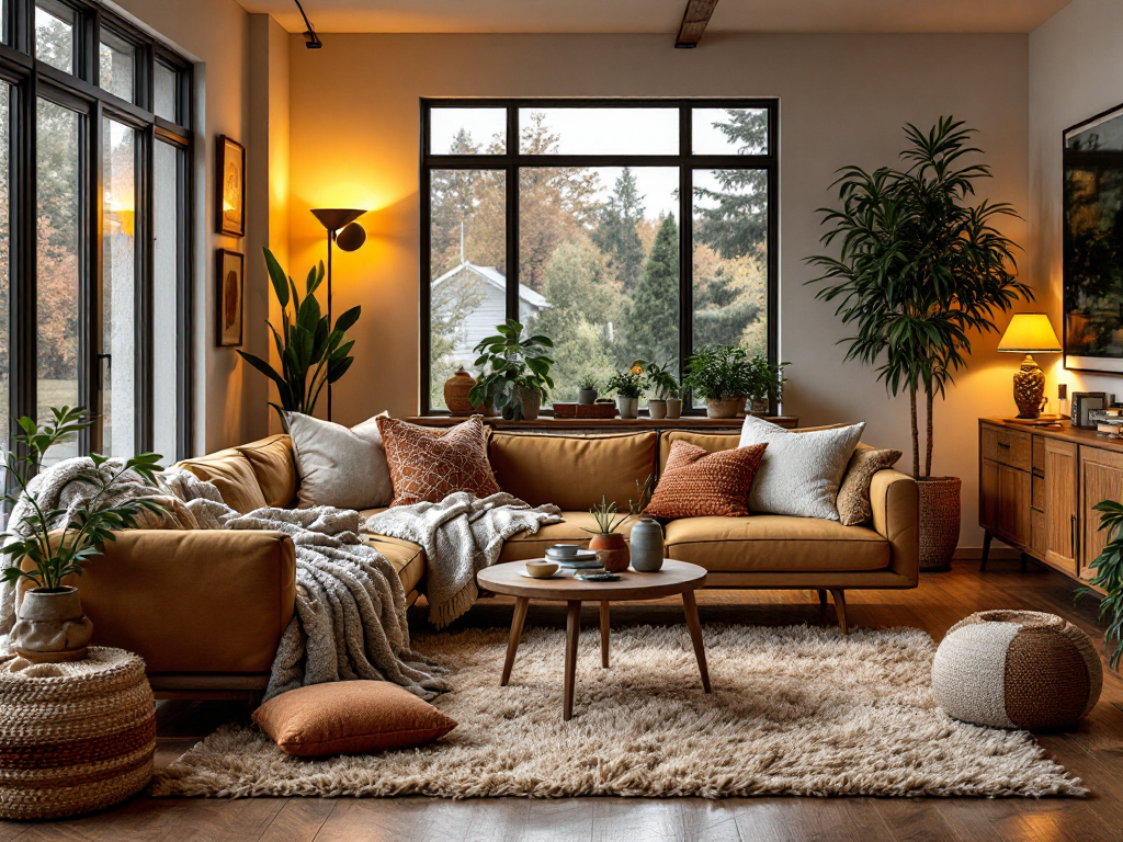 Warm mid-century modern living room with layered throws, plush area rugs, textured pillows, warm wood finishes, ambient lighting, and houseplants