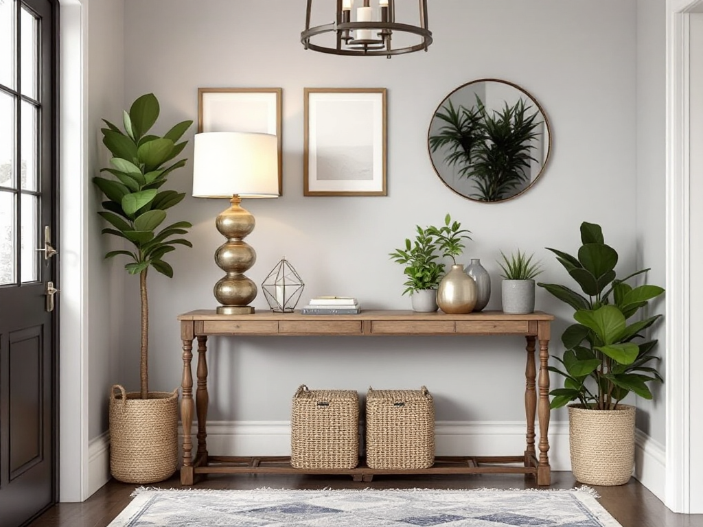 An inviting entryway featuring an elegant wooden entryway table adorned with plants, lamps, and decorative items, welcoming guests into a stylish home.
