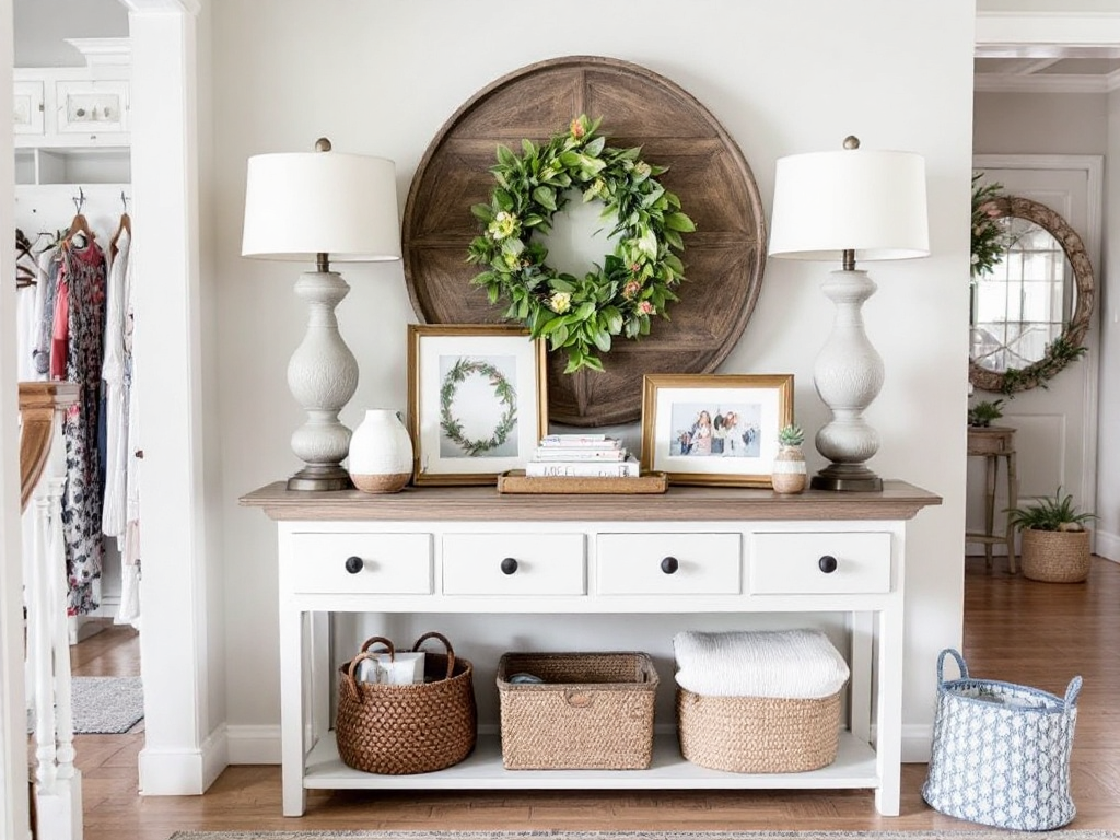 A beautifully styled entryway vignette with a layered arrangement of decor items such as lamps, vases, trays, framed photos, and baskets, creating a warm and functional space.