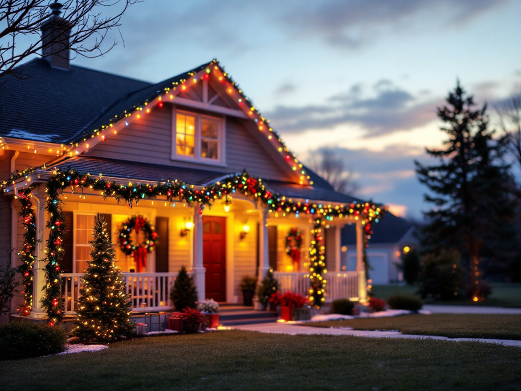 A cozy house exterior warmly lit with colorful string lights and festive decorations, capturing the inviting spirit of outdoor holiday decor and neighborhood cheer.