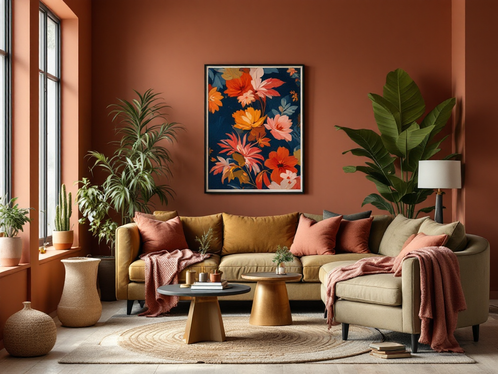 Warm Earthy Color Palettes: an inviting living room corner featuring terracotta walls, olive green and beige furnishings, with accents of deep blue and pale pink textiles