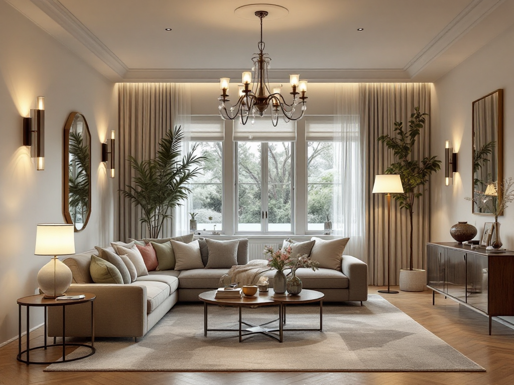 Smart & Layered Lighting: a stylish living room illuminated by layered lighting including warm lamps, wall sconces, a statement chandelier, and natural light reflected from mirrors