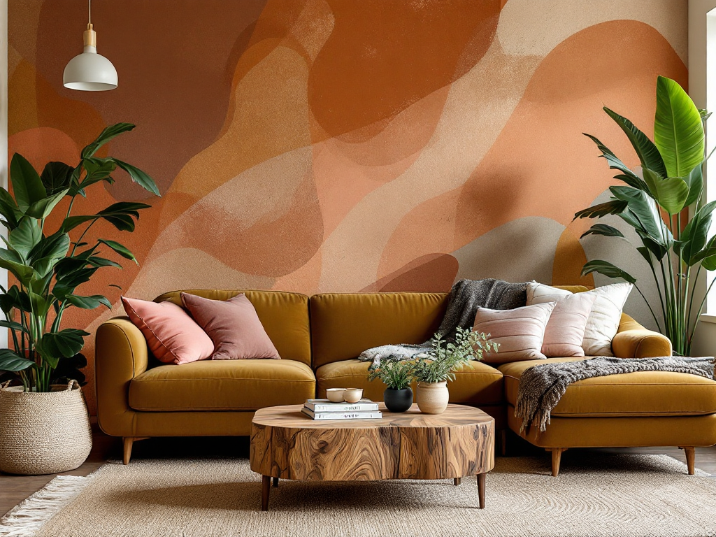 Bringing It All Together: a harmonious living room interior with a curved olive velvet sectional, terracotta hand-painted mural wall, reclaimed wood coffee table, woven rug, layered lighting, and lush plants
