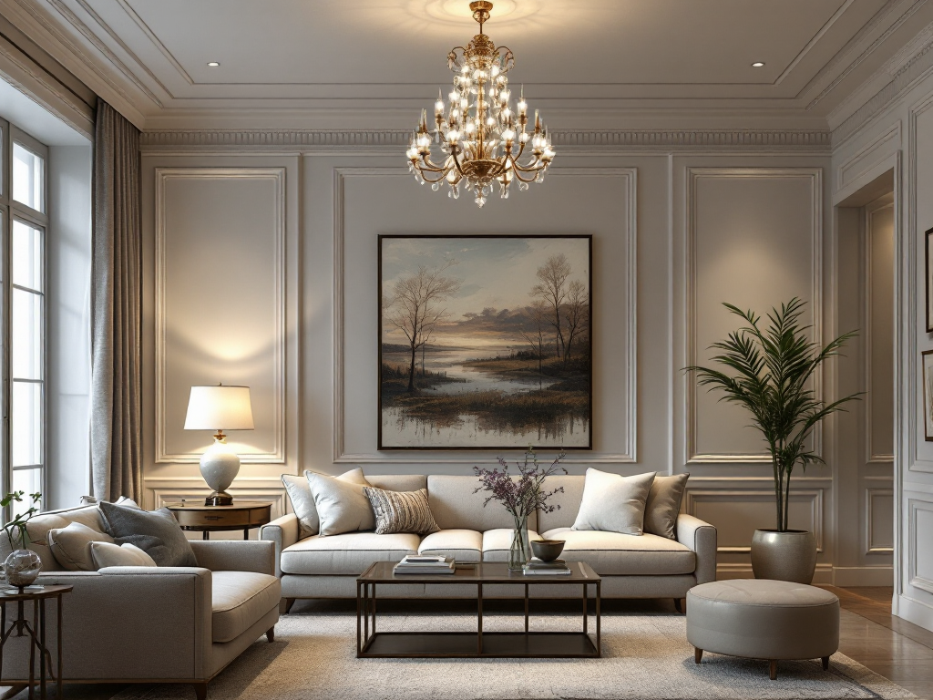 An elegant living room showcasing layered lighting: a chandelier, table lamp, and accent lighting highlighting artwork and decor.