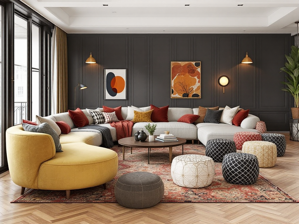 A modern living room setup with curved sofas and chairs arranged to encourage conversation, complemented by bold patterns and cozy textiles.