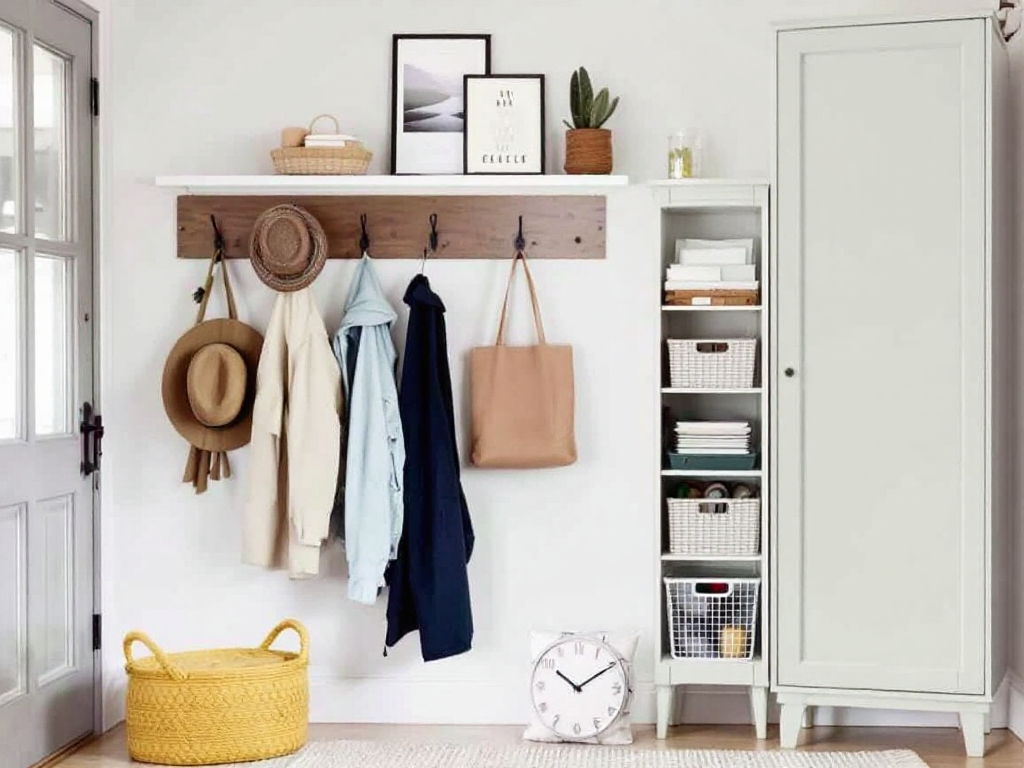 A vertical storage setup in a small entryway featuring wall hooks with hanging coats and hats, floating shelves with decor and organized mail, and a tall narrow cabinet making use of vertical space.