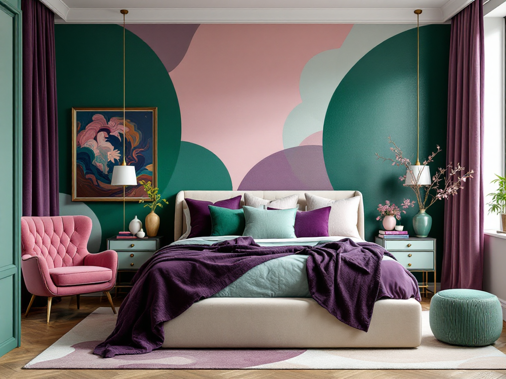 Vibrant bedroom interior showcasing bold jewel tones like emerald, sapphire, and amethyst with calming blush pink and beige accents, featuring a stylish accent wall.