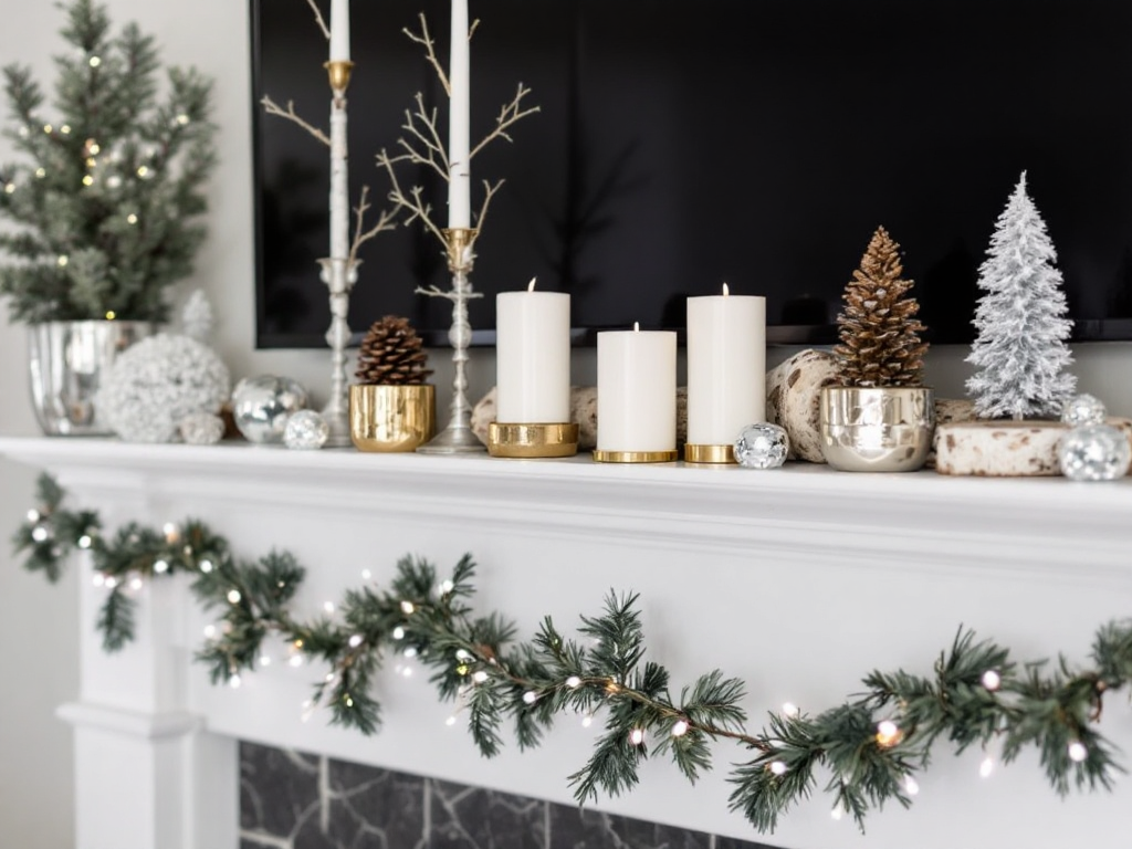 An elegant mantel display adorned with natural elements like pine cones, frosted branches, birch logs, miniature bottlebrush trees, white candles in gold and silver holders, and a simple garland with tiny white lights.