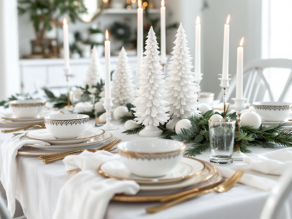 A beautifully set monochromatic white Christmas dining table with crisp white linens, white ceramic tree centerpieces, gold-edged dinnerware, taper candles, and greenery accents like eucalyptus or pine.