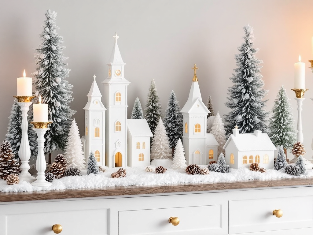 A charming white Christmas village scene on a sideboard or mantel, featuring porcelain white houses and snow-covered churches, surrounded by bottlebrush trees, candle pillars, pine cones, and gold accents, capturing a cozy winter wonderland vibe.