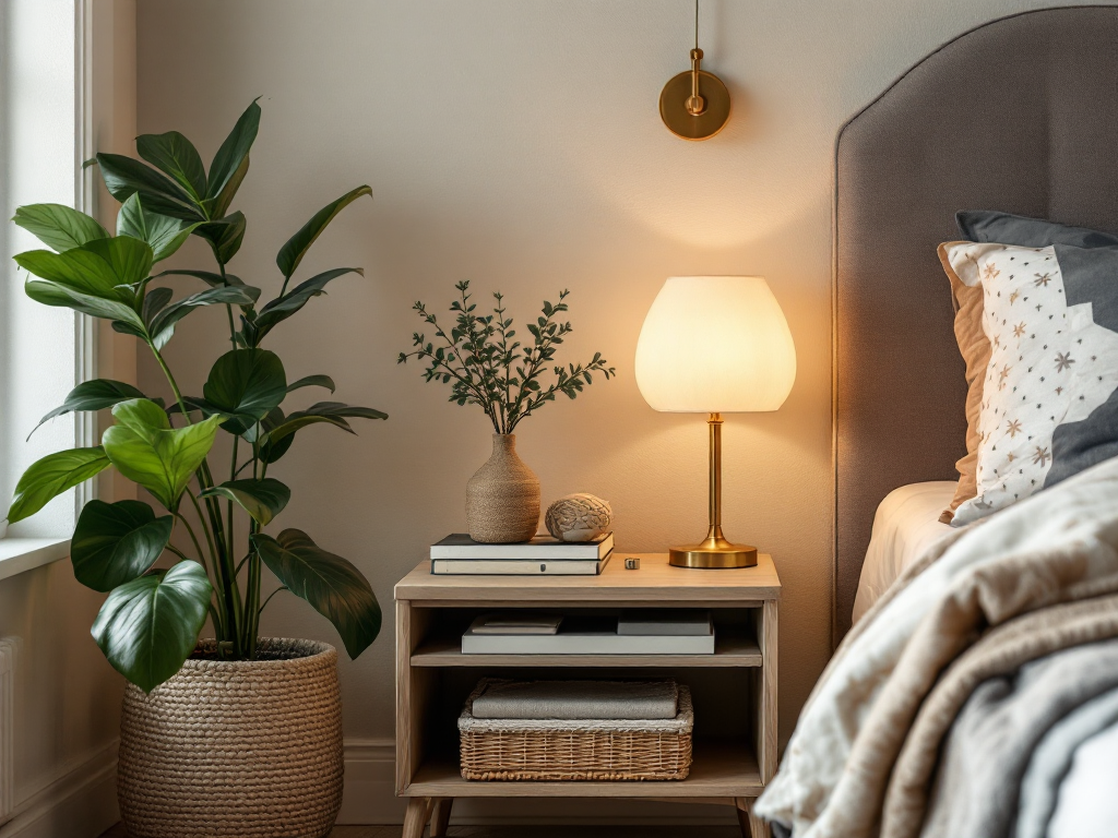 A cozy home corner with a neat and clutter-free nightstand, highlighting a small peaceful area.